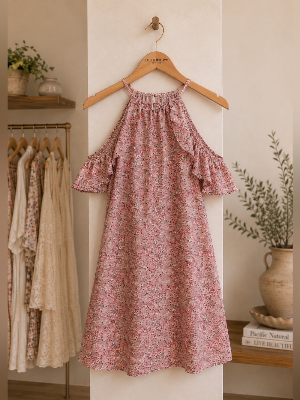 Blue Rain Romantic Western Floral Halter Ruffle Cold Shoulder Dress Medium EUC